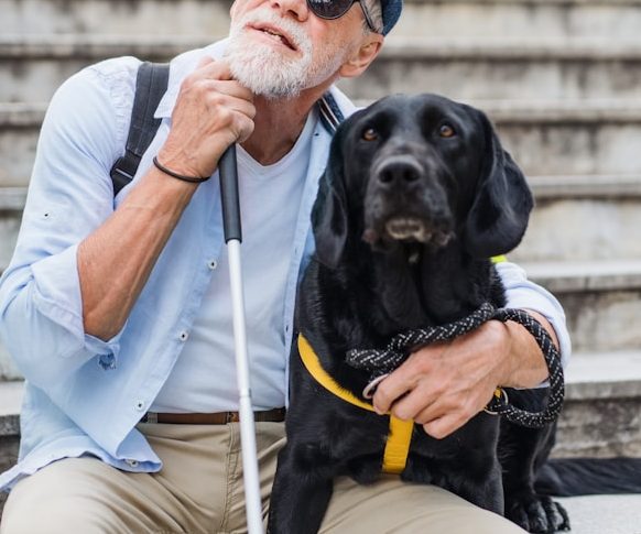 Konzept Älterer Mann mit dunkler Brille sitzt und umarmt seinen Blindenhund.